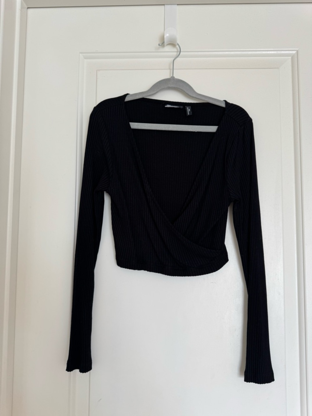 ASOS Petite Ribbed Wrap V Neck Crop Top Black